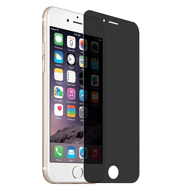 iPhone tempered glass privacy screen protector showing anti-peeping effect from side angles