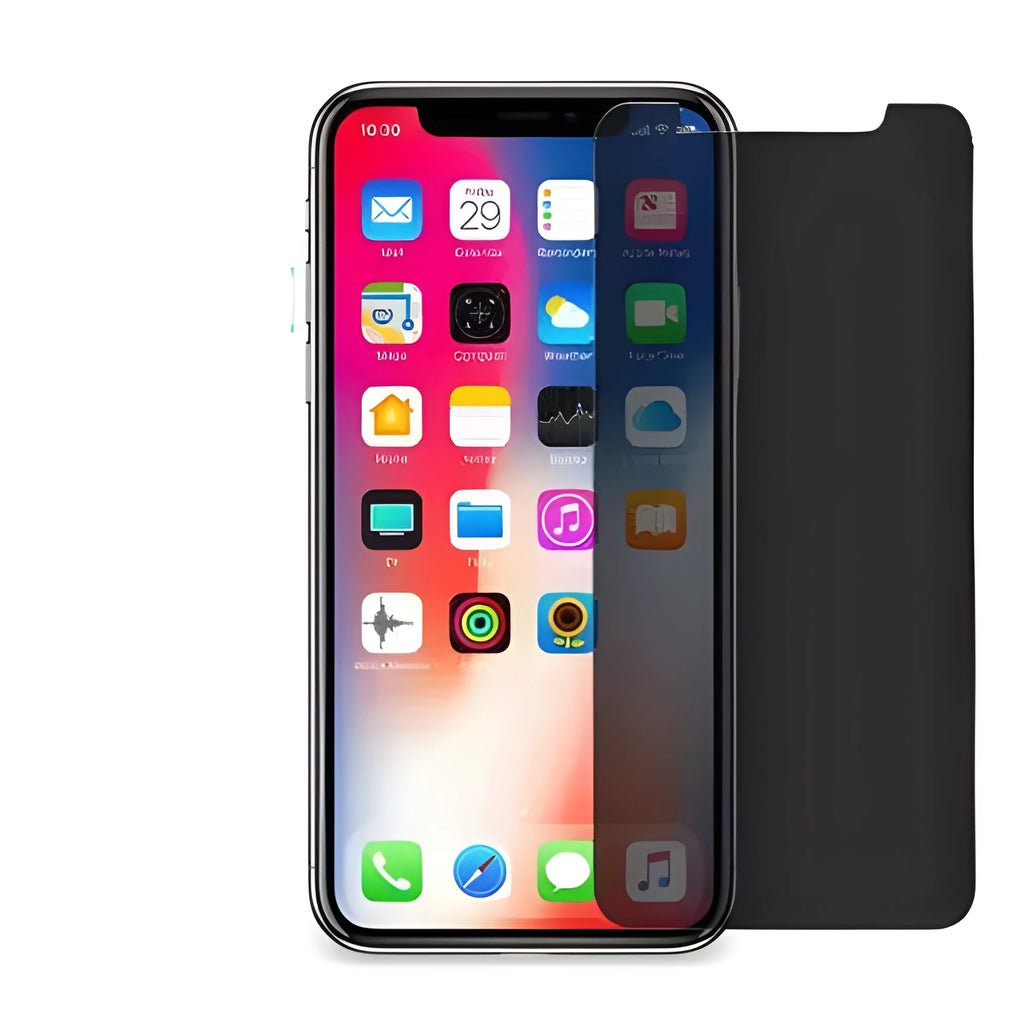 iPhone tempered glass privacy screen protector showing anti-peeping effect from side angles