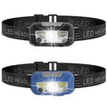 Black USB rechargeable sensor headlight with white and red LED lights on a headband.
