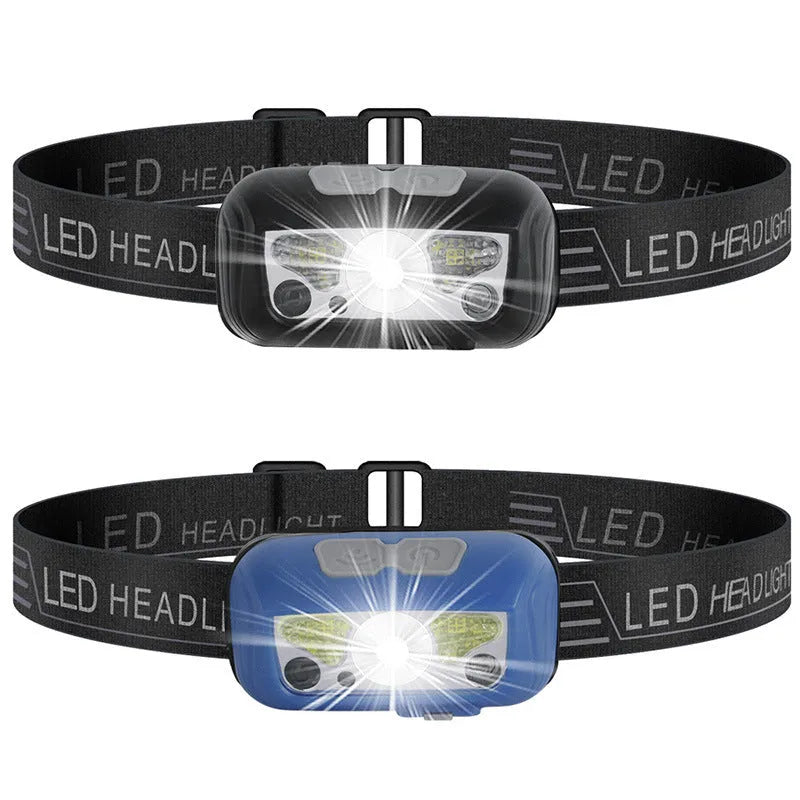 Black USB rechargeable sensor headlight with white and red LED lights on a headband.