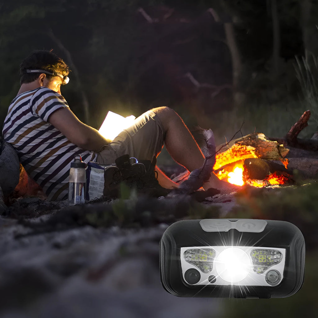 Black USB rechargeable sensor headlight with white and red LED lights on a headband.