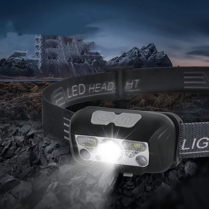 Black USB rechargeable sensor headlight with white and red LED lights on a headband.