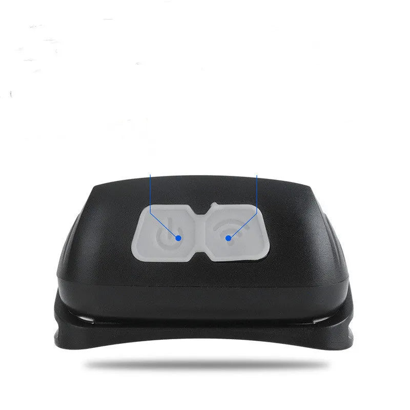 Black USB rechargeable sensor headlight with white and red LED lights on a headband.