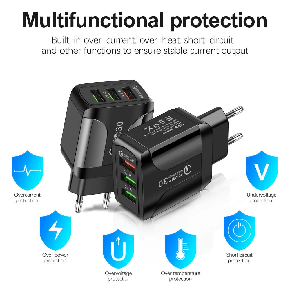 Black QC3.0 fast travel charger with three USB ports and a UK triangular plug attached.