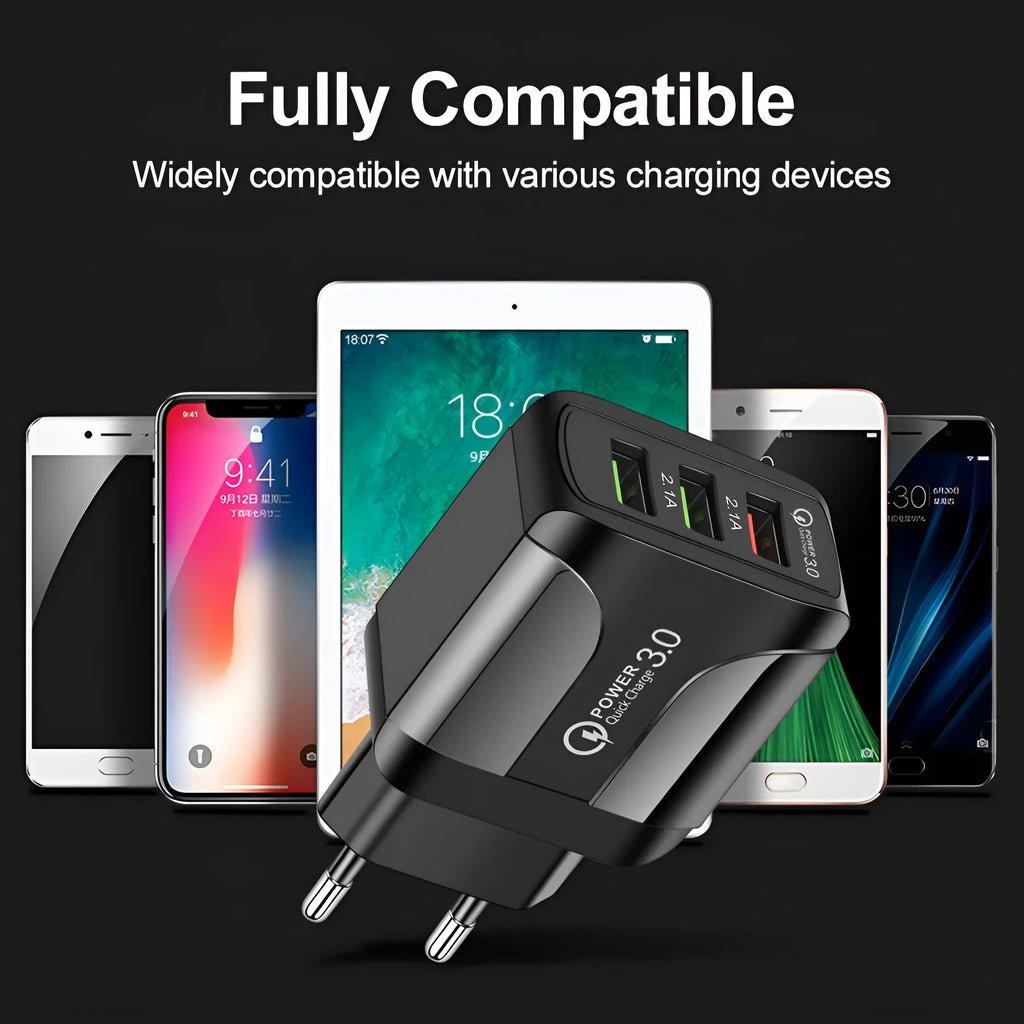 Black QC3.0 fast travel charger with three USB ports and a UK triangular plug attached.