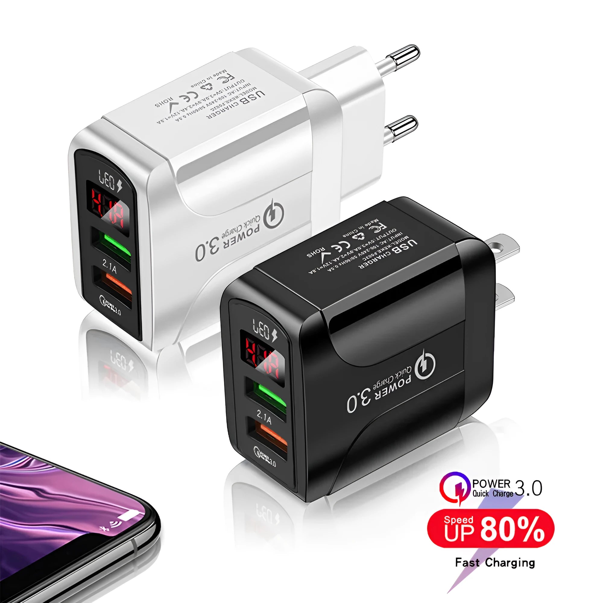 Smart phone travel charger with digital display and UK, US, EU plug adapters