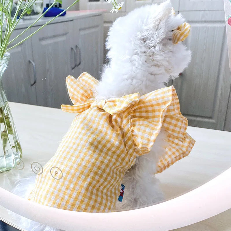 Red check bowknot pet shirt on small dog, casual polyester outfit in red with bowknot detail