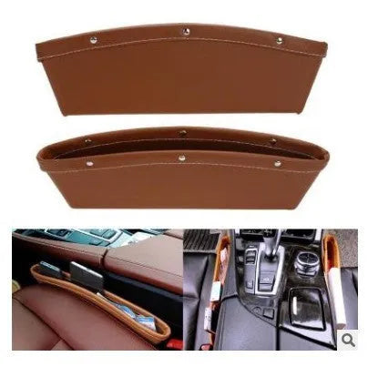 Leather car seat gap plug leakproof storage box in black placed between car seat and centre console