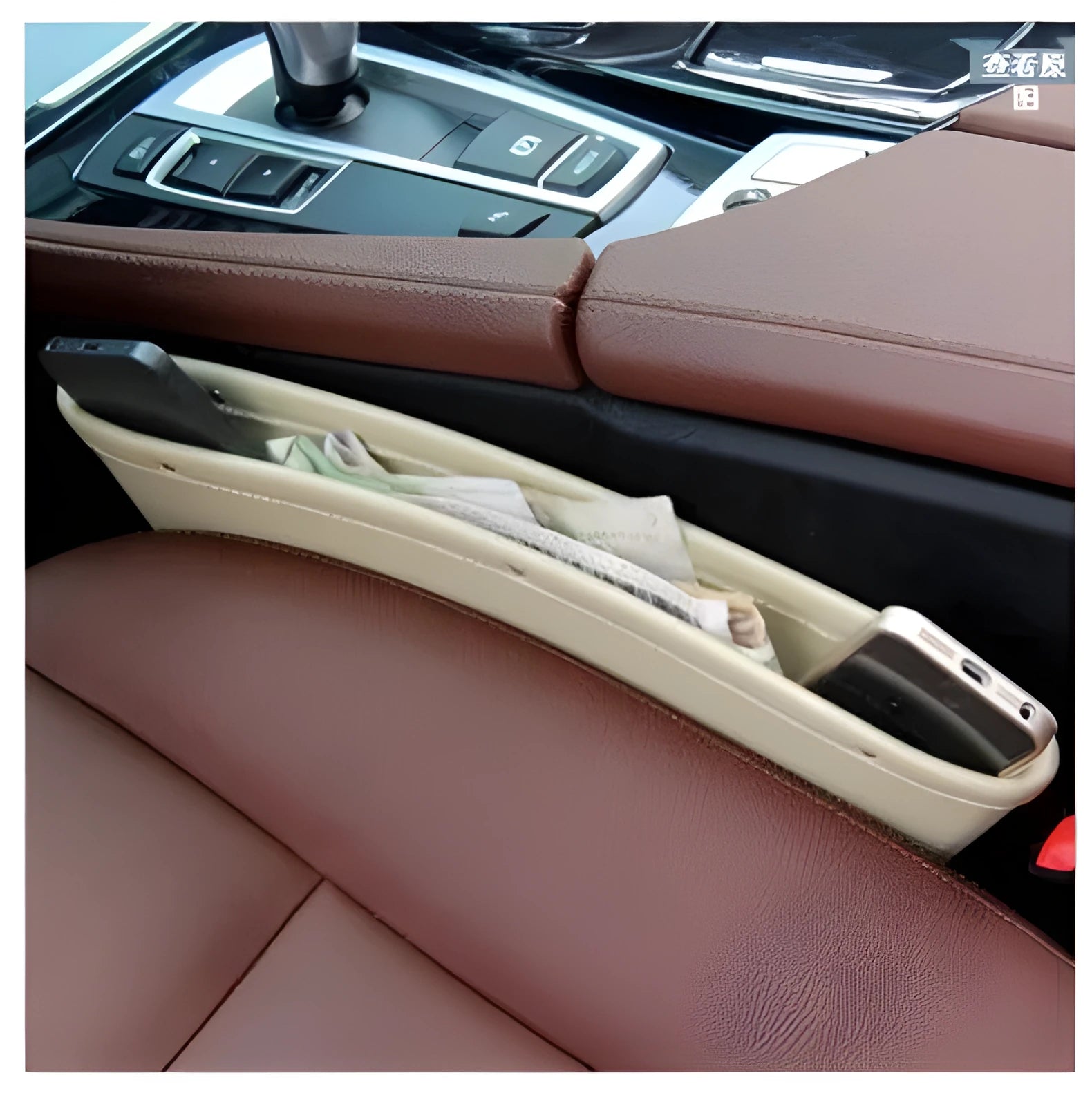 Leather car seat gap plug leakproof storage box in black placed between car seat and centre console