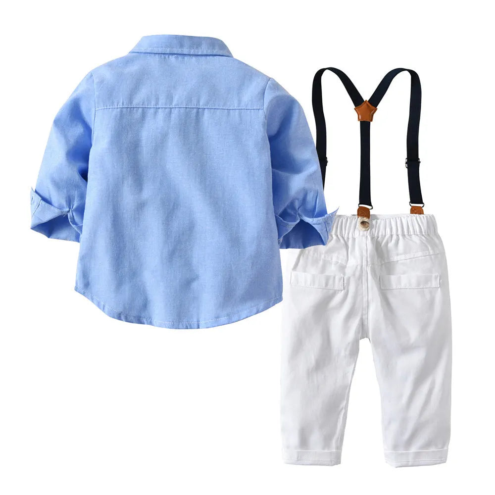 Boys blue gentleman bib pant suit with bow tie, Korean style for autumn winter