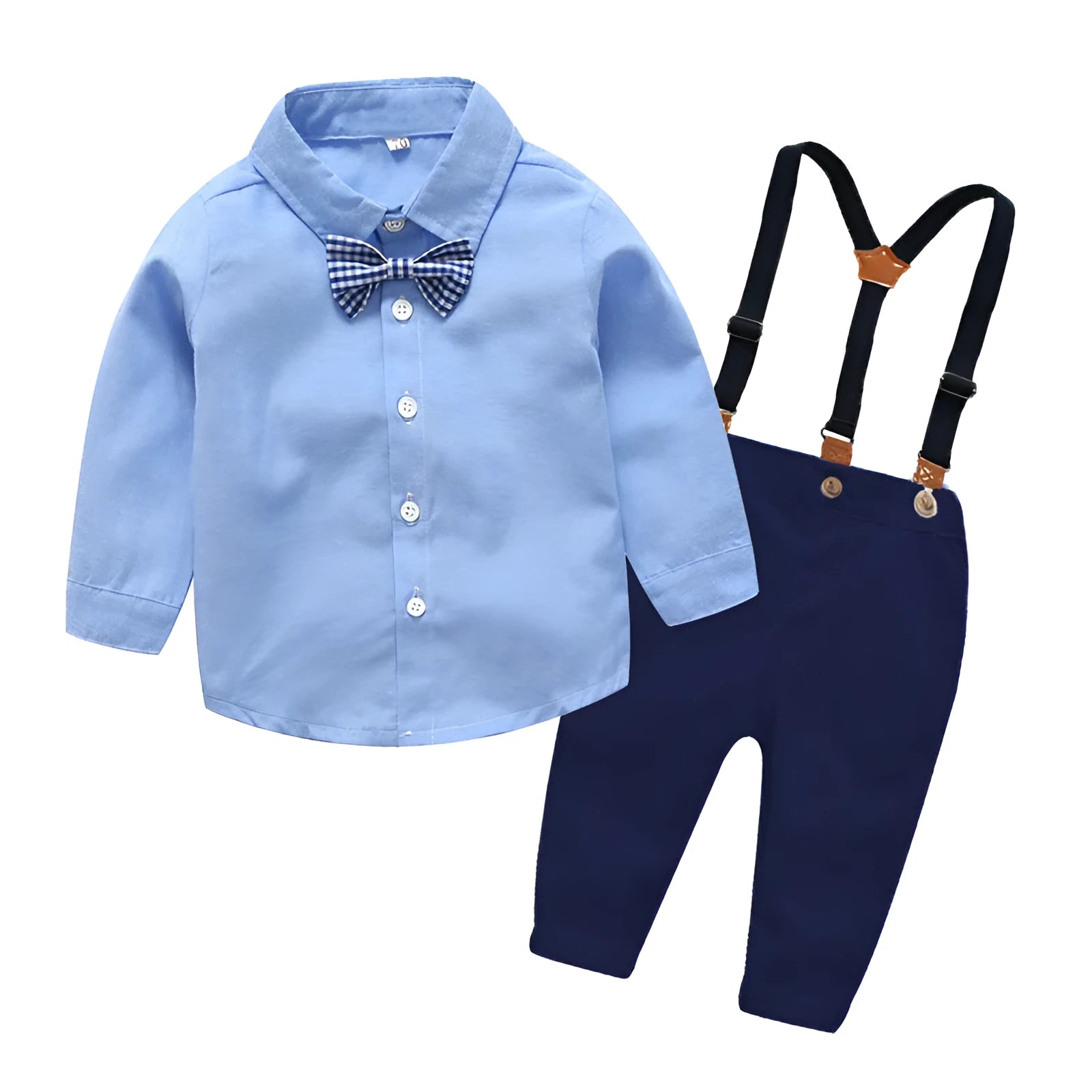 Boys blue gentleman bib pant suit with bow tie, Korean style for autumn winter