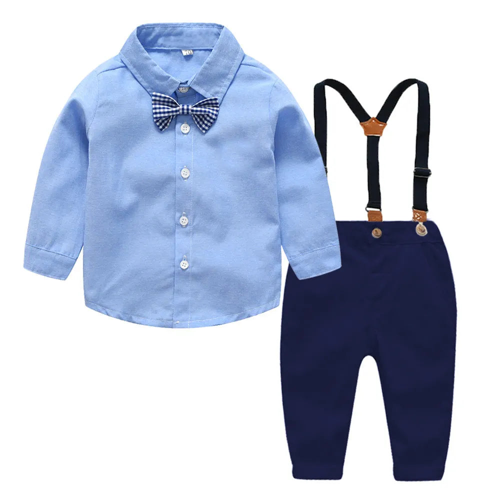 Boys blue gentleman bib pant suit with bow tie, Korean style for autumn winter