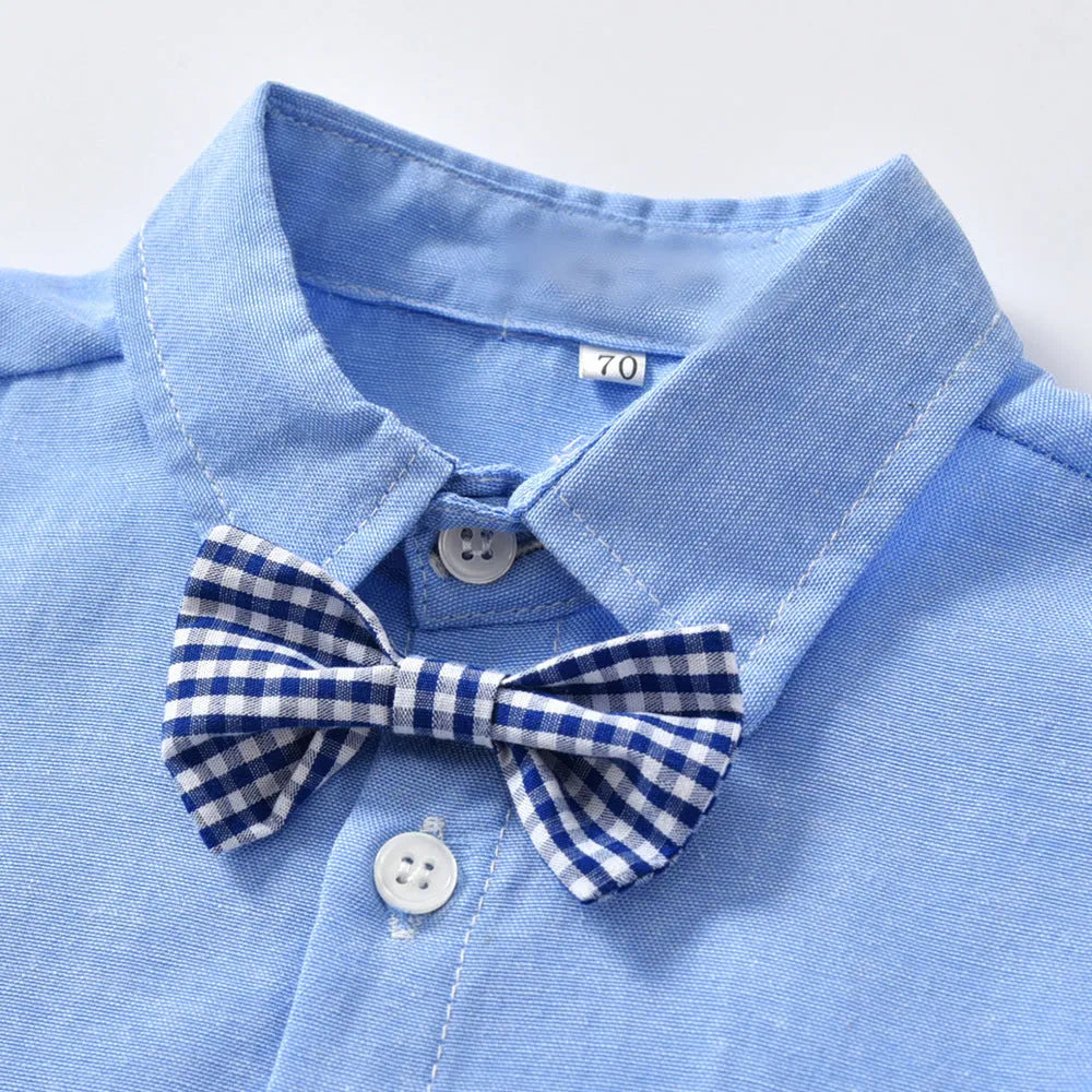 Boys blue gentleman bib pant suit with bow tie, Korean style for autumn winter