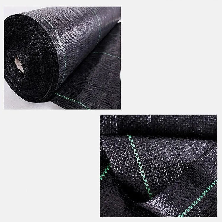 Black PE woven weed-proof cloth shown in farmland application with multiple size options