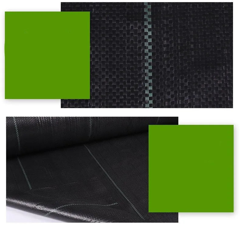 Black PE woven weed-proof cloth shown in farmland application with multiple size options