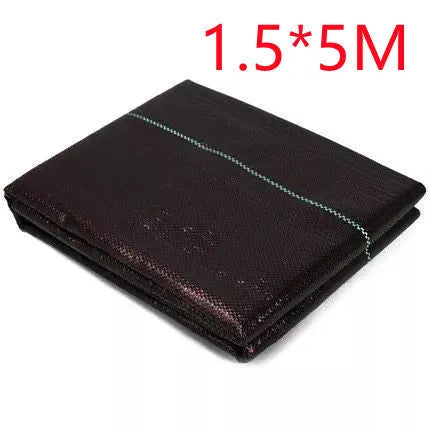Black PE woven weed-proof cloth shown in farmland application with multiple size options