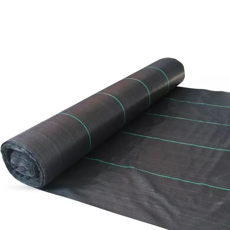 Black PE woven weed-proof cloth shown in farmland application with multiple size options