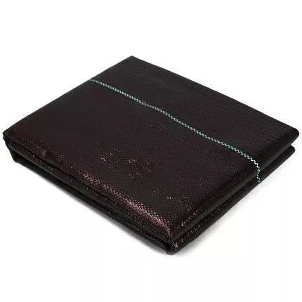Black PE woven weed-proof cloth shown in farmland application with multiple size options
