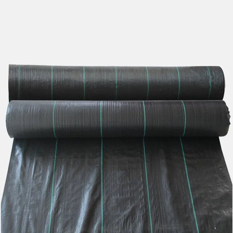 Black PE woven weed-proof cloth shown in farmland application with multiple size options