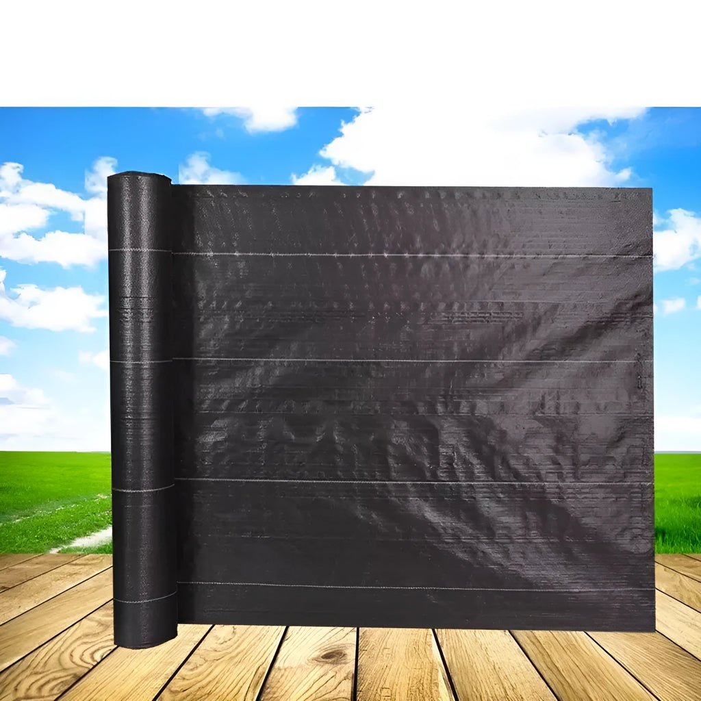 Black PE woven weed-proof cloth shown in farmland application with multiple size options