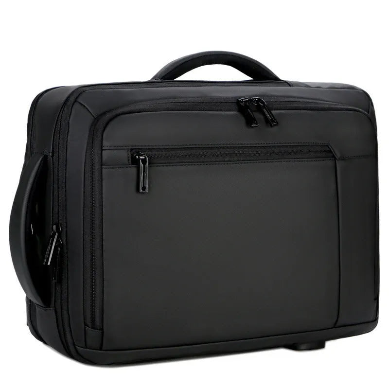 Nylon business backpack in black with zipper opening, 20-35L capacity, plain pattern, medium hardness