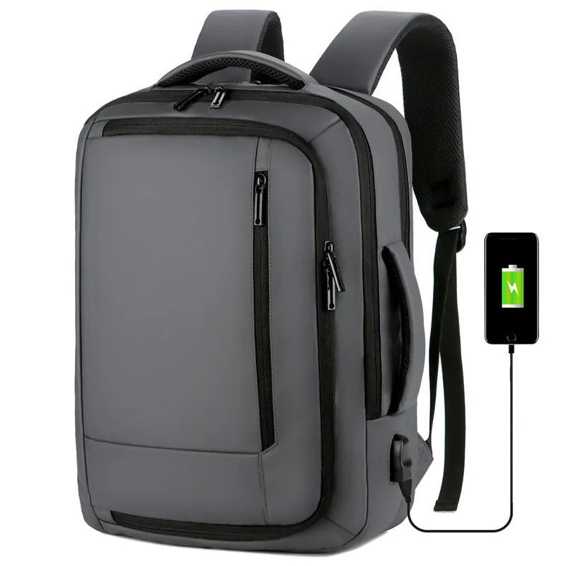 Nylon business backpack in black with zipper opening, 20-35L capacity, plain pattern, medium hardness