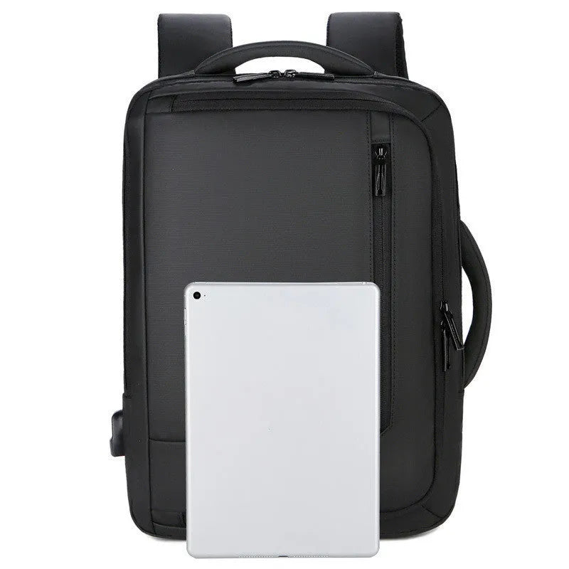 Nylon business backpack in black with zipper opening, 20-35L capacity, plain pattern, medium hardness