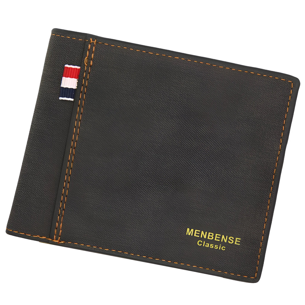 Men's short large capacity tri-fold wallet in fashion retro style, shown in black, navy blue, dark brown, and light brown.
