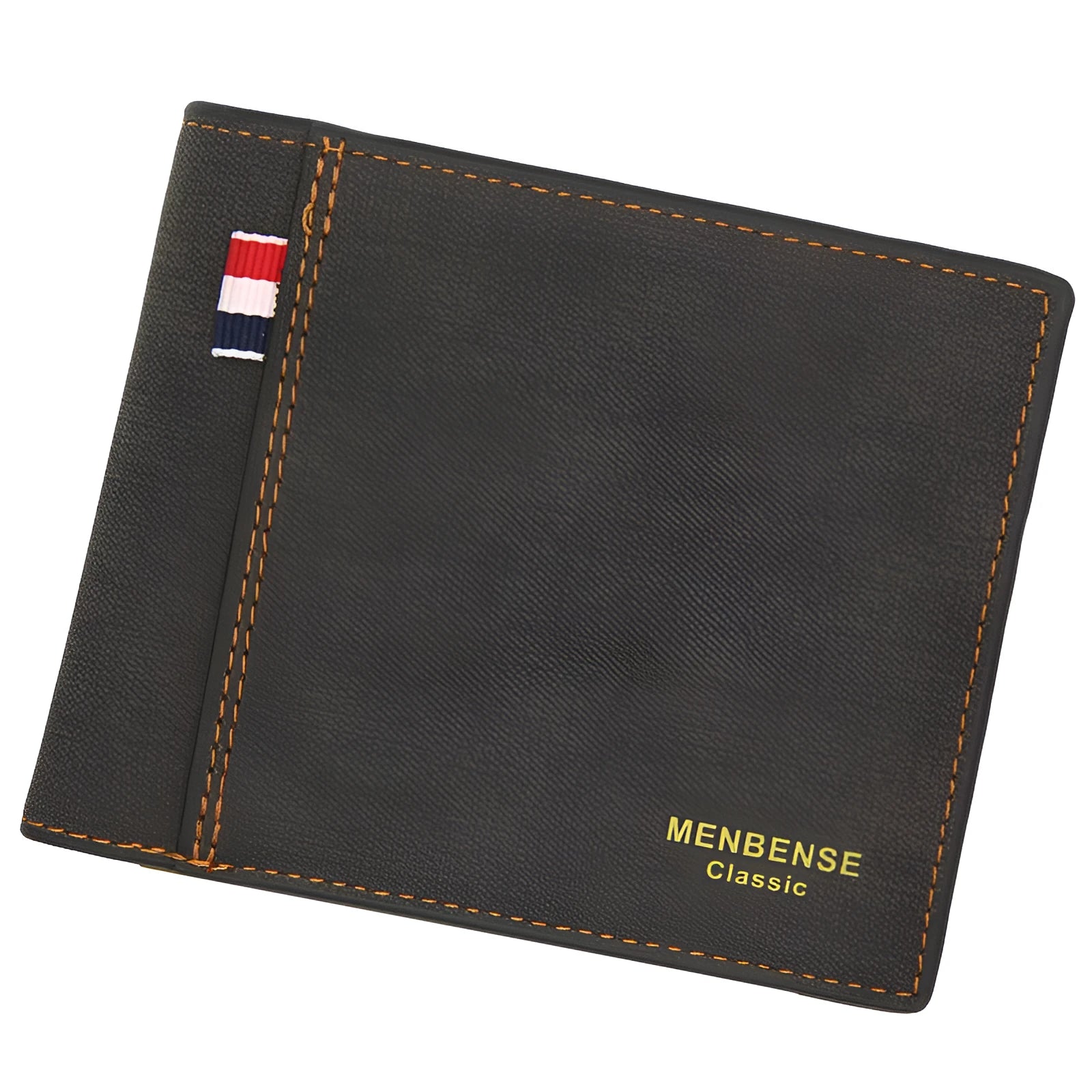 Men's short large capacity tri-fold wallet in fashion retro style, shown in black, navy blue, dark brown, and light brown.