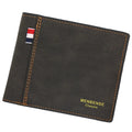 Men's short large capacity tri-fold wallet in fashion retro style, shown in black, navy blue, dark brown, and light brown.