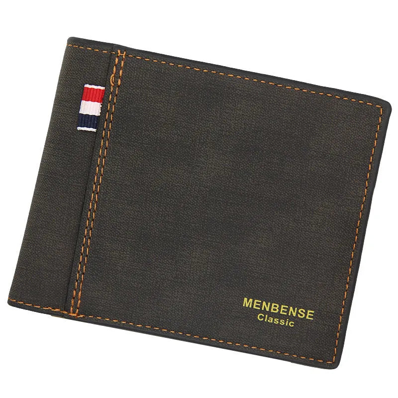 Men's short large capacity tri-fold wallet in fashion retro style, shown in black, navy blue, dark brown, and light brown.