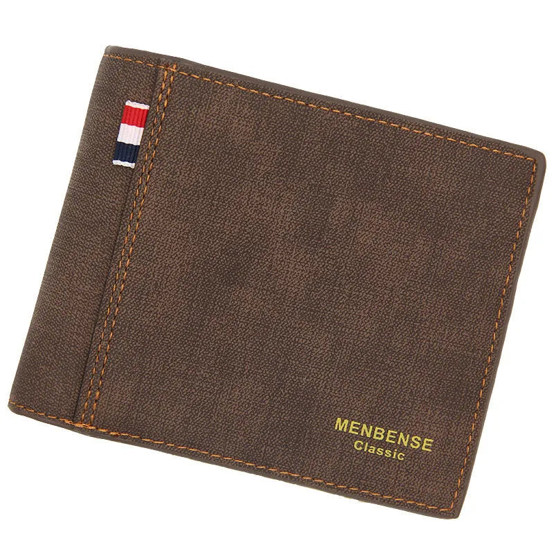 Men's short large capacity tri-fold wallet in fashion retro style, shown in black, navy blue, dark brown, and light brown.