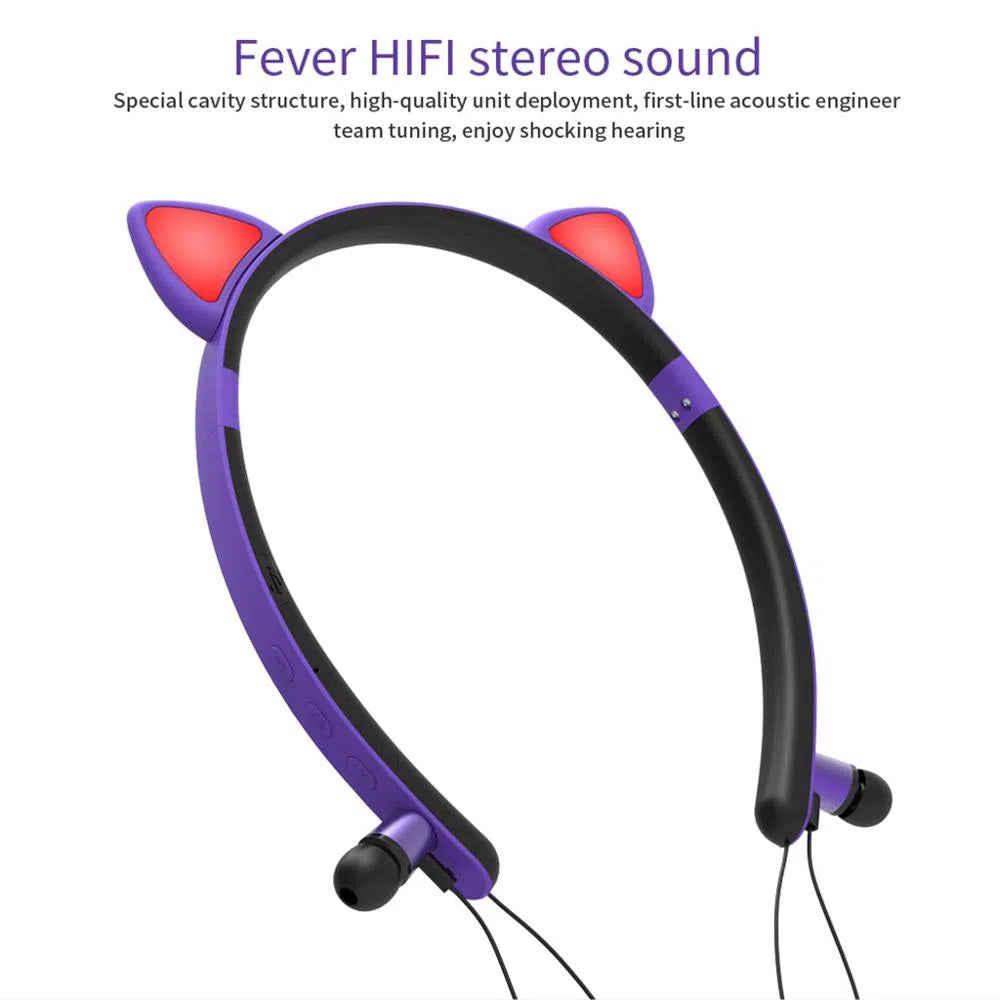 Pink LED glowing cat ear true wireless Bluetooth headphones with silicone earmuffs and headband on a white background