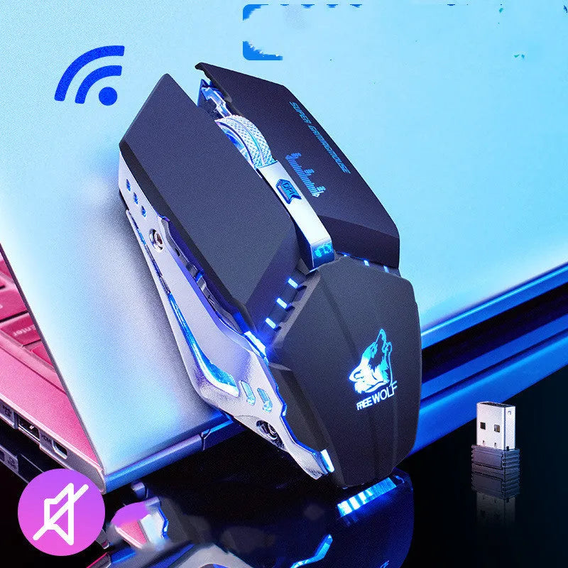 Black rechargeable wireless gaming mouse with six buttons on a mousepad