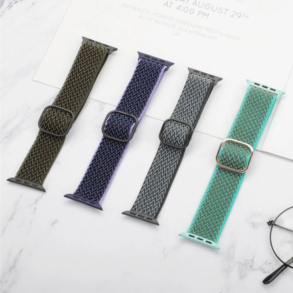 Braided nylon elastic strap for Apple Watch in wave pattern design, shown in multiple colour options.