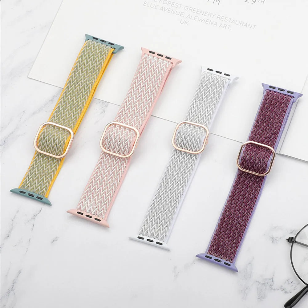 Braided nylon elastic strap for Apple Watch in wave pattern design, shown in multiple colour options.