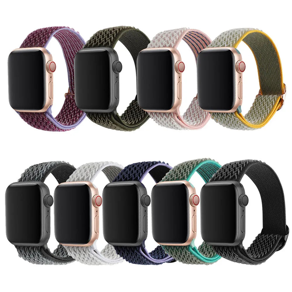 Braided nylon elastic strap for Apple Watch in wave pattern design, shown in multiple colour options.