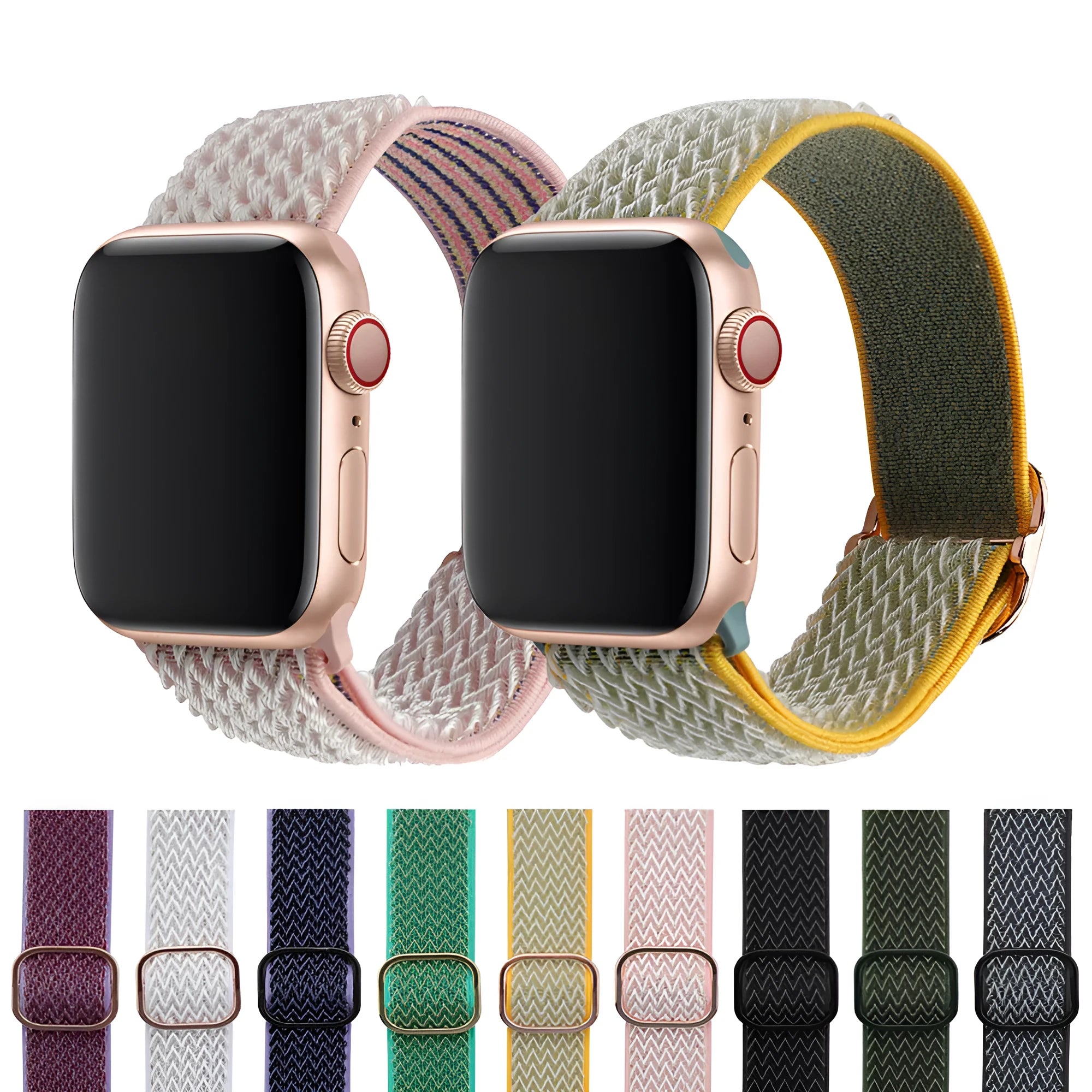 Braided nylon elastic strap for Apple Watch in wave pattern design, shown in multiple colour options.