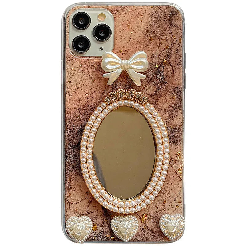 Brown marble pattern iPhone case with bowknot rhinestone design and mirror finish