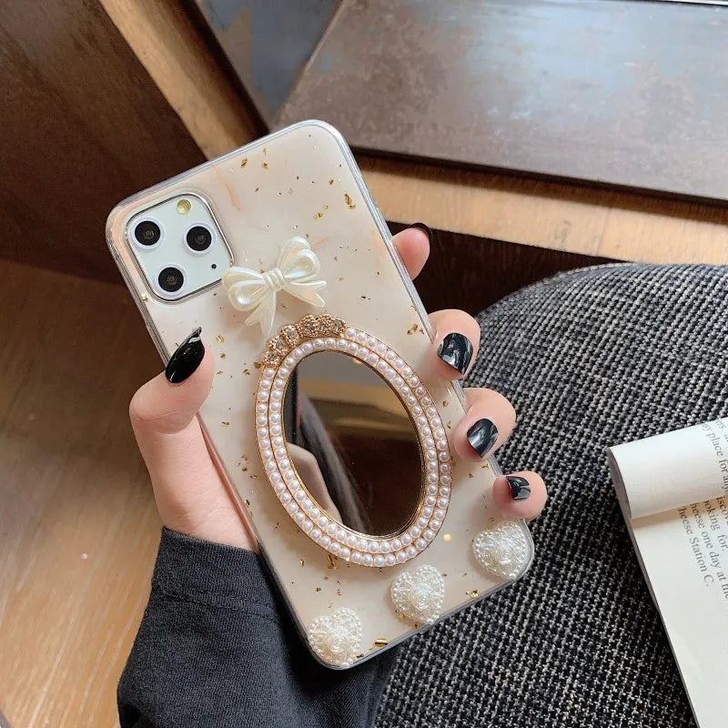 Brown marble pattern iPhone case with bowknot rhinestone design and mirror finish