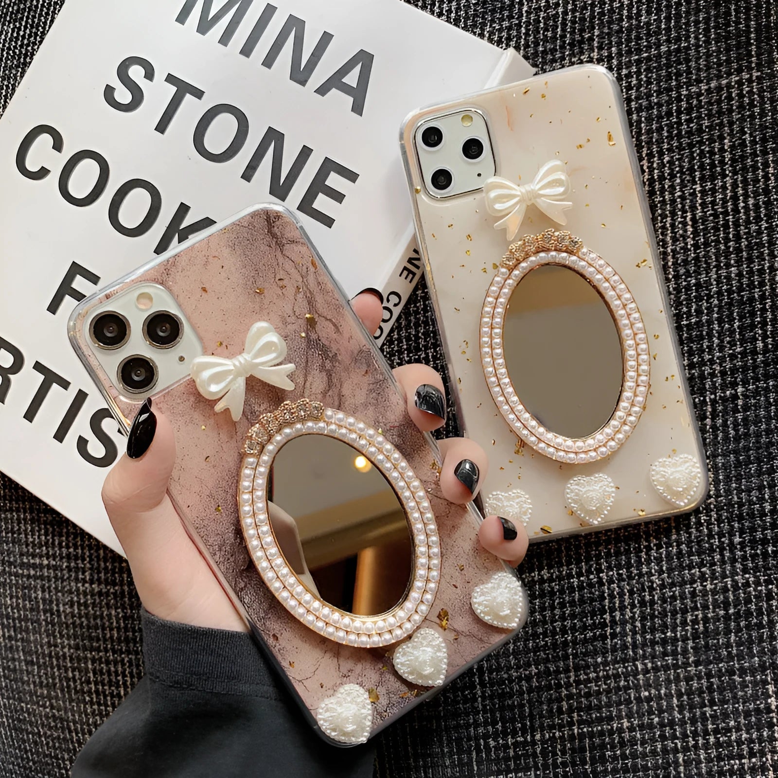 Brown marble pattern iPhone case with bowknot rhinestone design and mirror finish