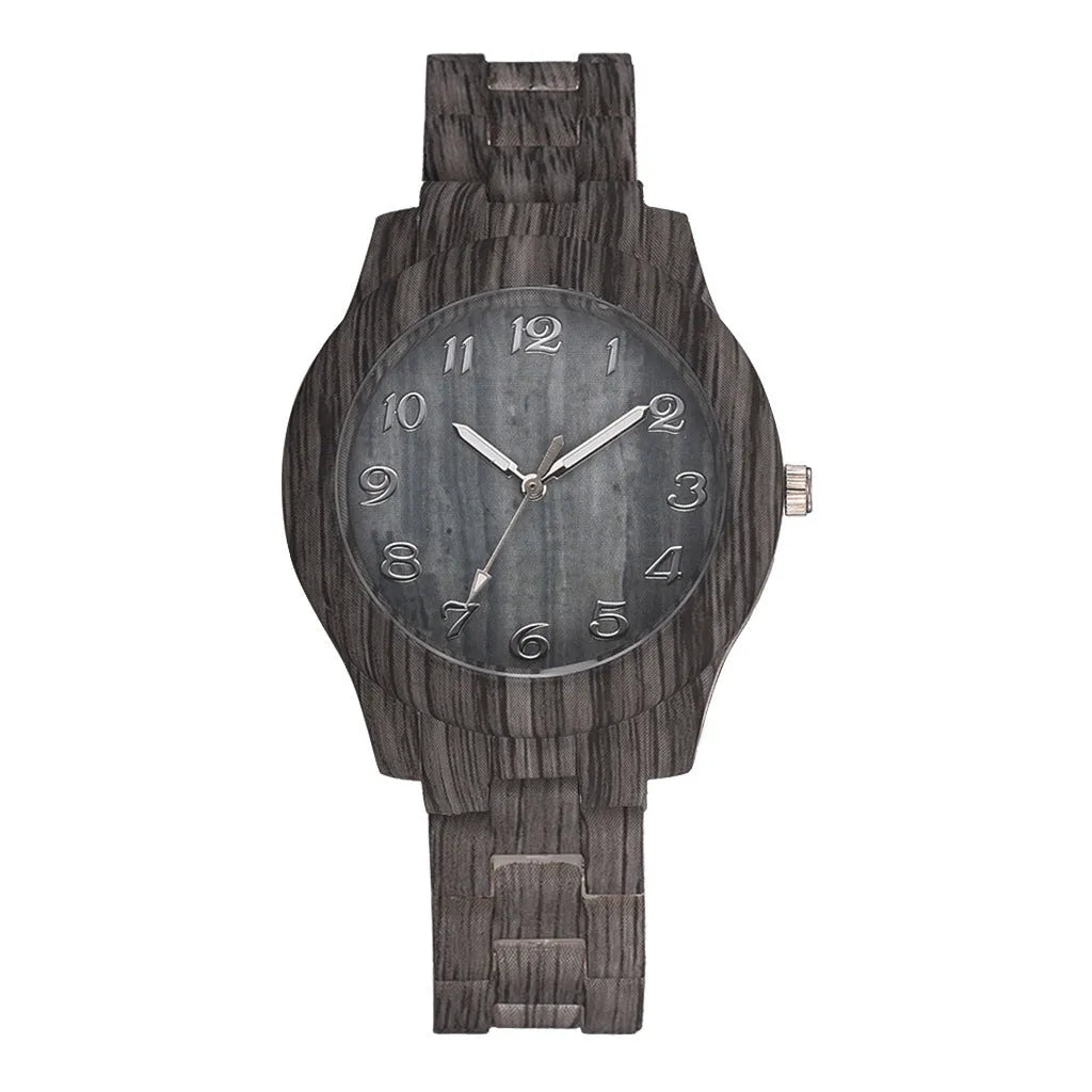 Wood grain retro quartz wristwatch with silicone strap showing 29mm dial