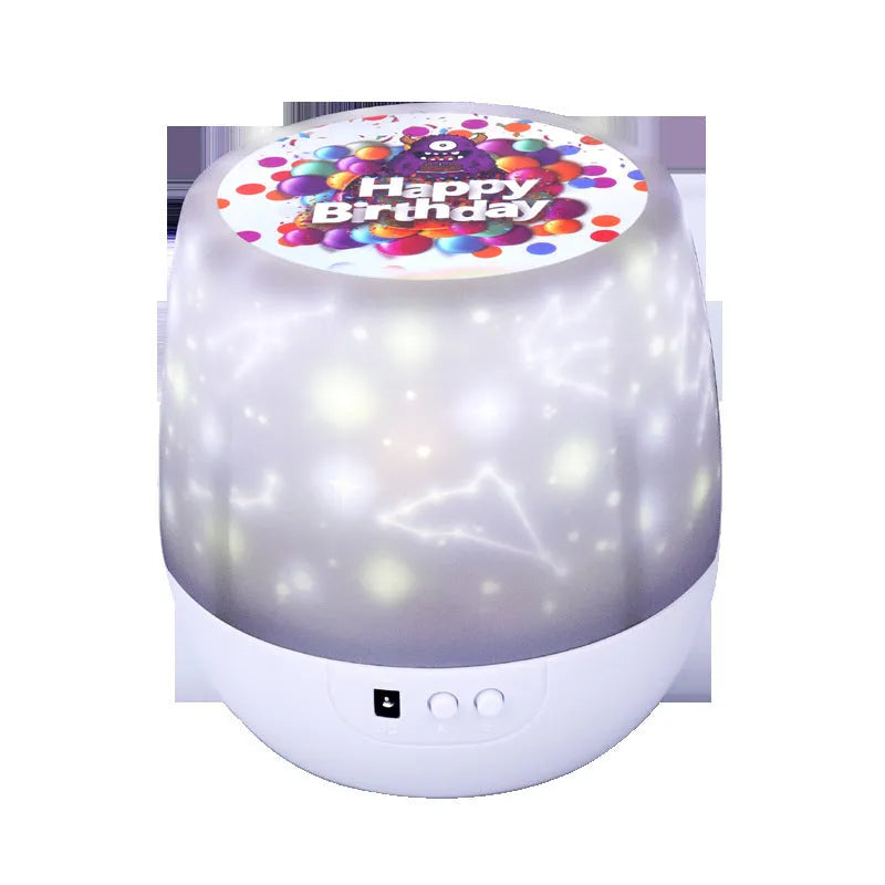 Starry sky projector lamp with plastic shade displaying cosmic projection patterns