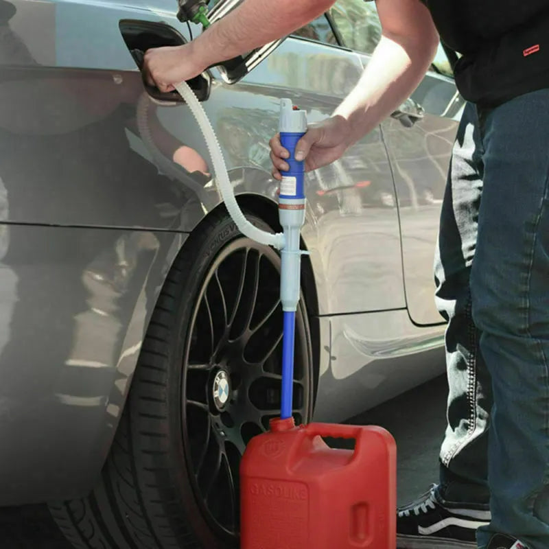 Blue and red manual hand siphon pump for transferring gasoline and liquids.