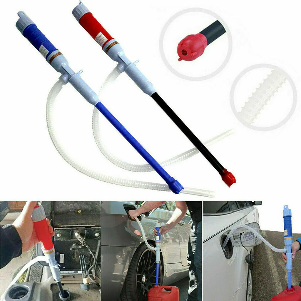 Blue and red manual hand siphon pump for transferring gasoline and liquids.