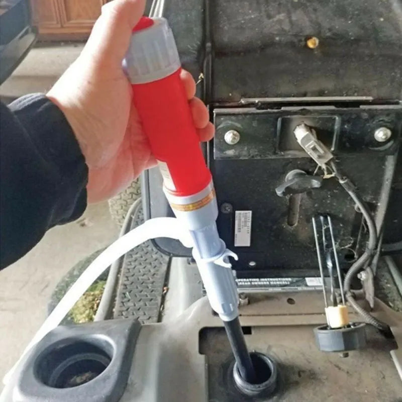Blue and red manual hand siphon pump for transferring gasoline and liquids.