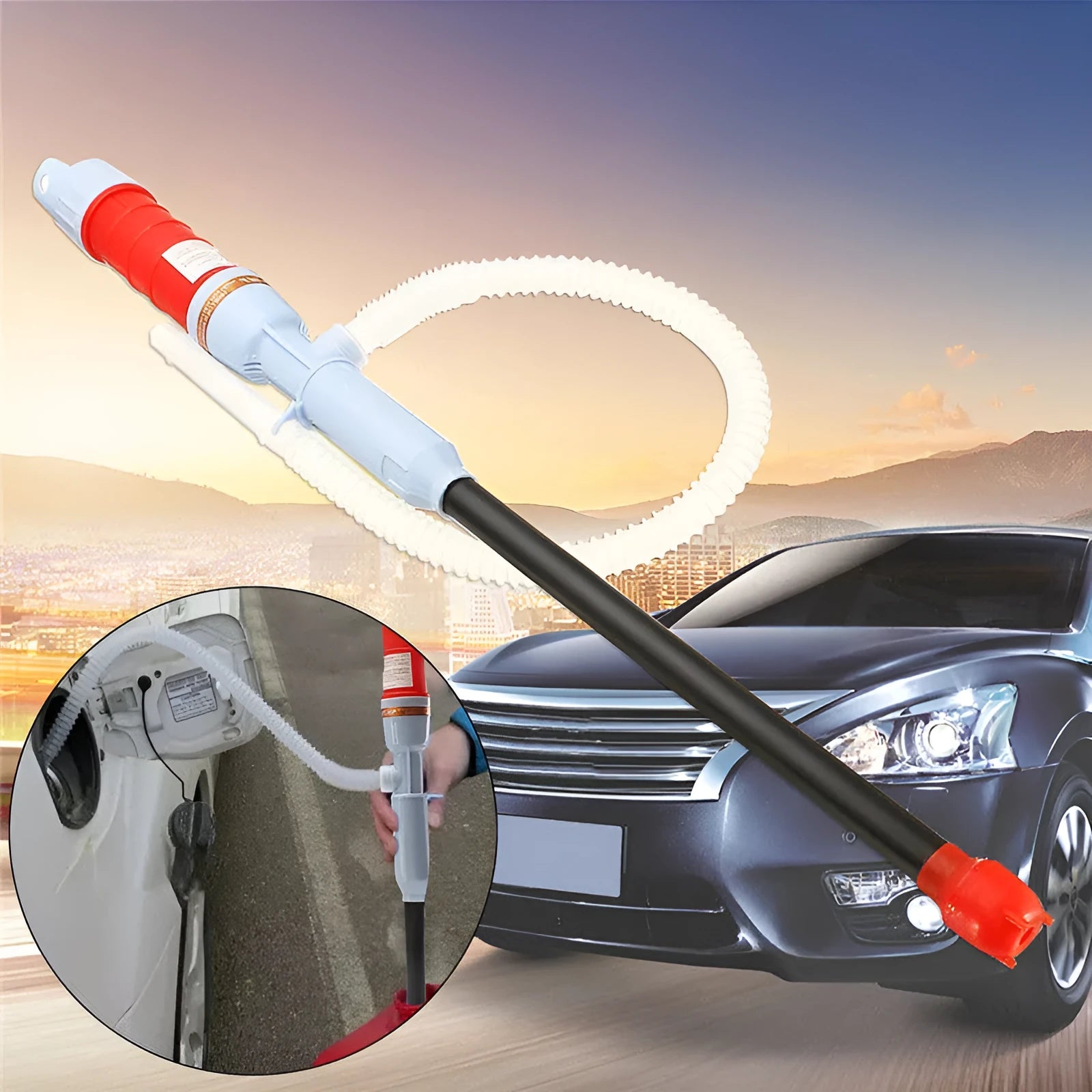 Blue and red manual hand siphon pump for transferring gasoline and liquids.