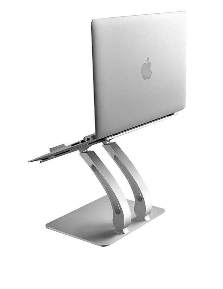Aluminium alloy folding laptop stand in gray with open-frame cooling base, angled for use