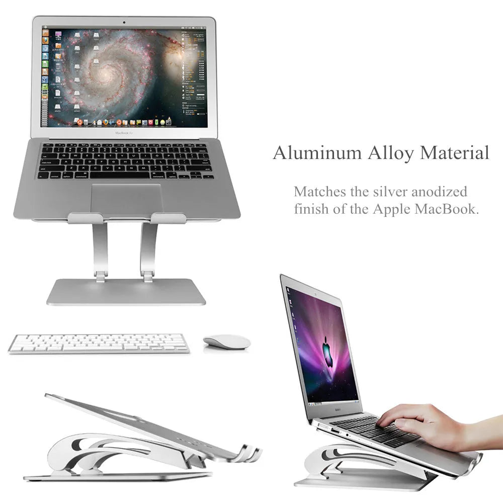 Aluminium alloy folding laptop stand in gray with open-frame cooling base, angled for use