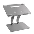 Aluminium alloy folding laptop stand in gray with open-frame cooling base, angled for use